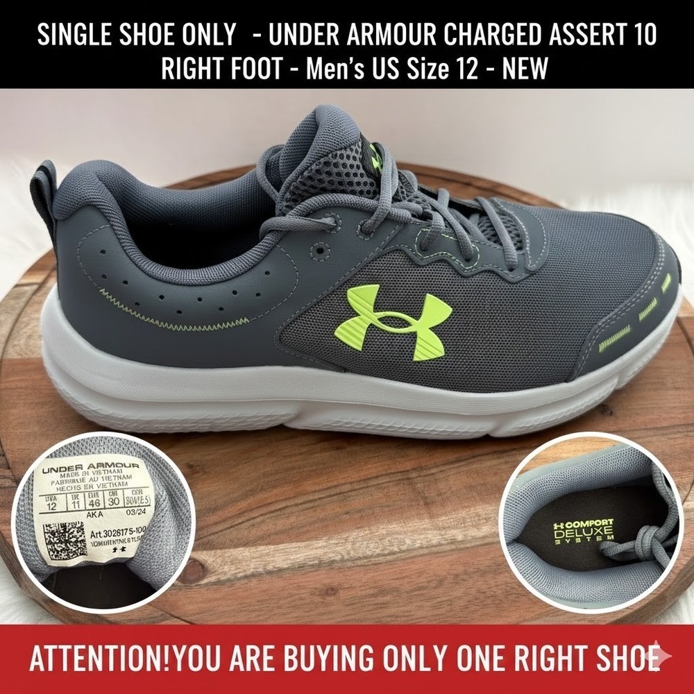 Under Armour Charged Assert 10 Men Sz 12 Gray New Single Right Shoe 3026175-100